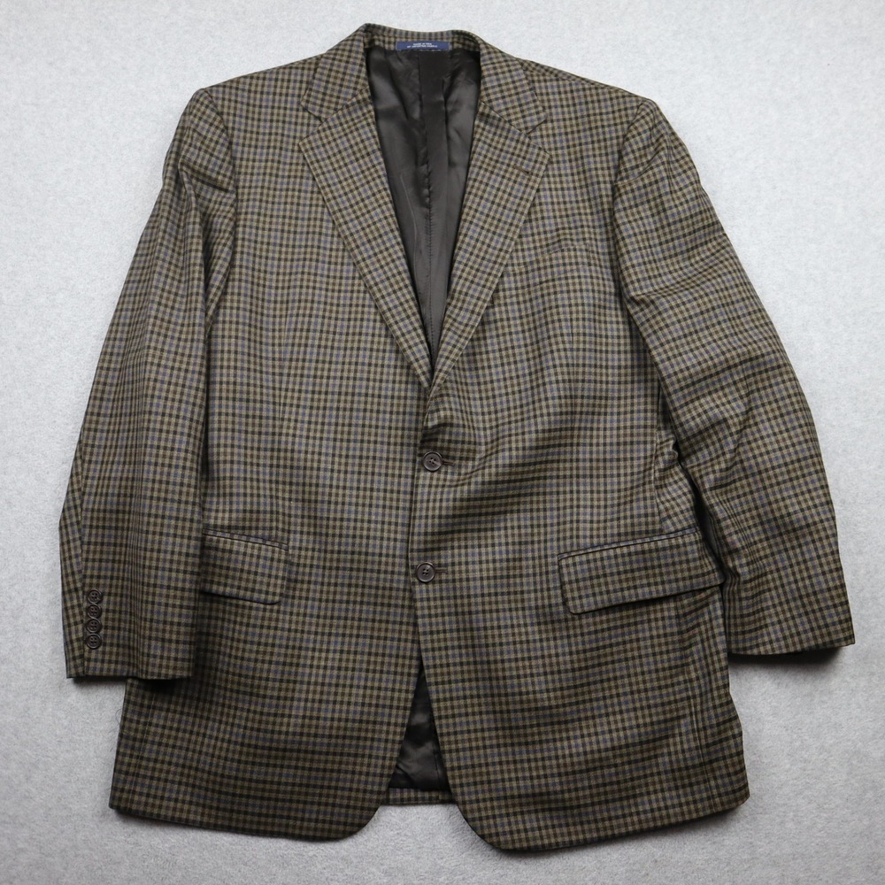 Joseph Abboud Blazer Mens 44L Wool Sport Coat Brown Blue Check Plaid Suit Jacket